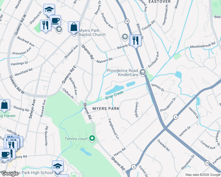map of restaurants, bars, coffee shops, grocery stores, and more near 1638 Myers Park Drive in Charlotte