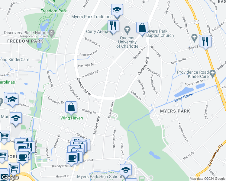 map of restaurants, bars, coffee shops, grocery stores, and more near 2310 Roswell Avenue in Charlotte