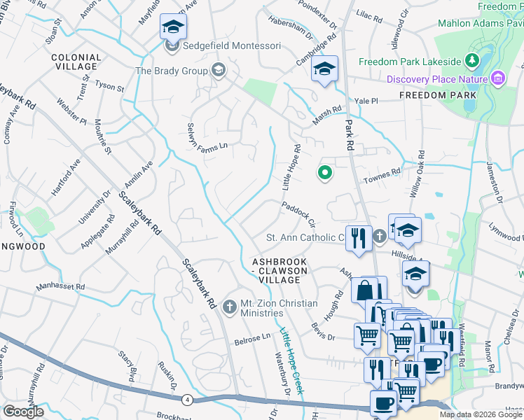map of restaurants, bars, coffee shops, grocery stores, and more near 1623 Paddock Circle in Charlotte