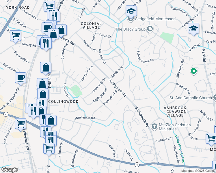 map of restaurants, bars, coffee shops, grocery stores, and more near 614 Scaleybark Road in Charlotte