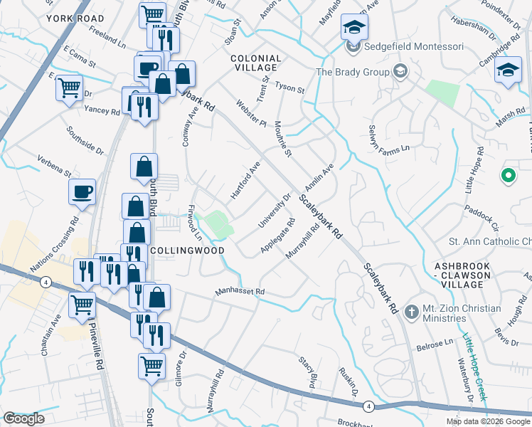 map of restaurants, bars, coffee shops, grocery stores, and more near 4319 Collingwood Drive in Charlotte