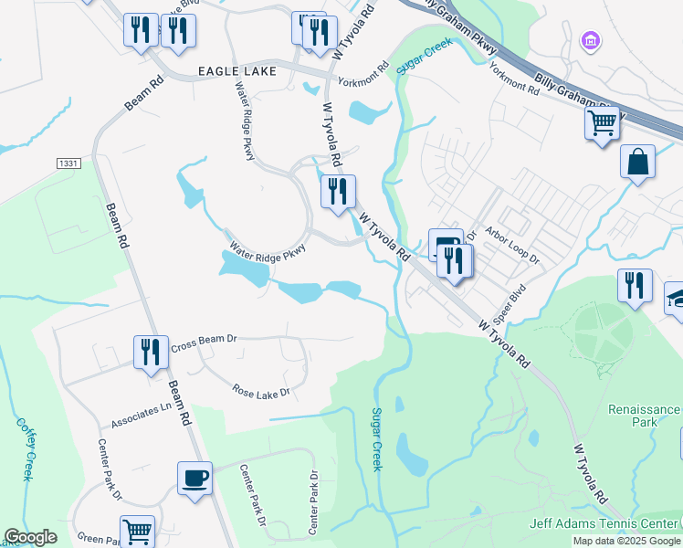 map of restaurants, bars, coffee shops, grocery stores, and more near 4135 South Stream Boulevard in Charlotte