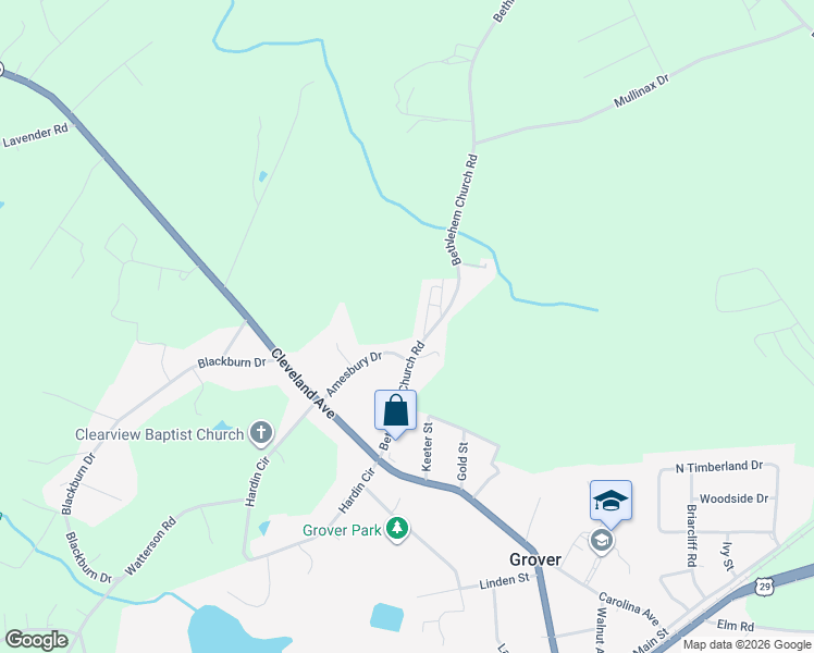 map of restaurants, bars, coffee shops, grocery stores, and more near 207 Bethlehem Church Road in Grover