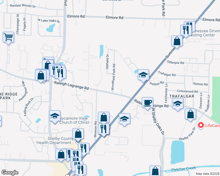 map of restaurants, bars, coffee shops, grocery stores, and more near 2086 Woodfield Park Road in Memphis