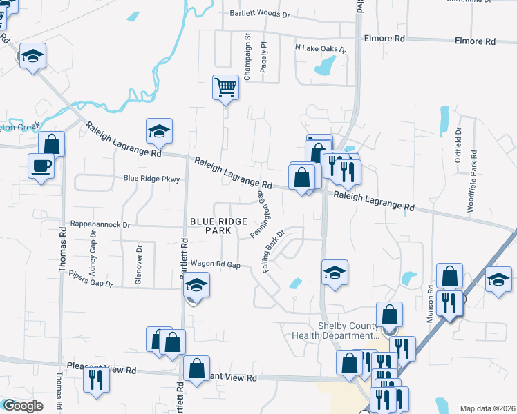 map of restaurants, bars, coffee shops, grocery stores, and more near 2097 Pennington Gap in Memphis