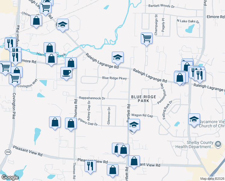 map of restaurants, bars, coffee shops, grocery stores, and more near 2098 Hampton Hill Drive in Memphis