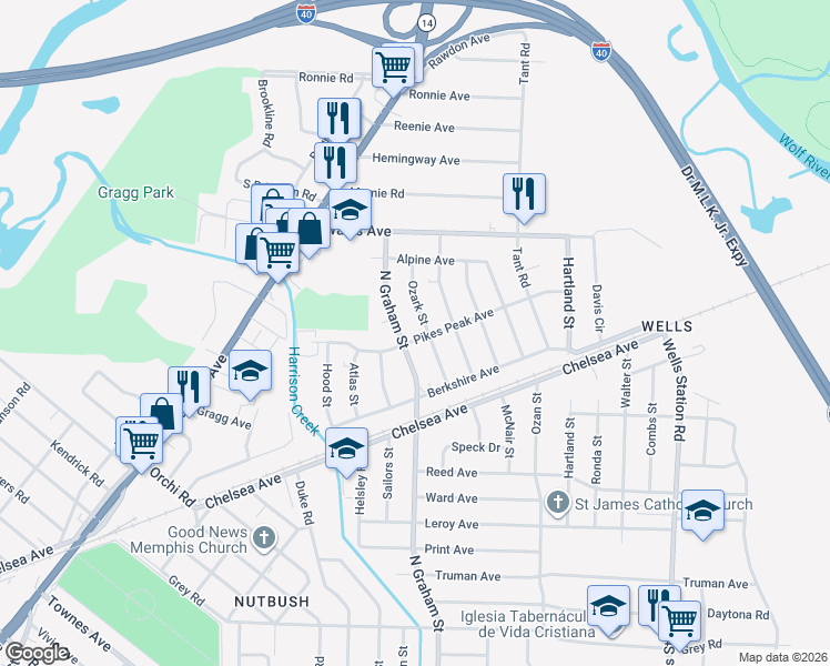 map of restaurants, bars, coffee shops, grocery stores, and more near 1855 Ozark Street in Memphis