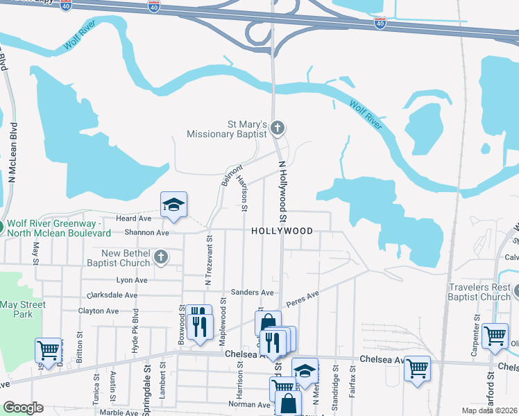 map of restaurants, bars, coffee shops, grocery stores, and more near 1696 Oakwood Street in Memphis