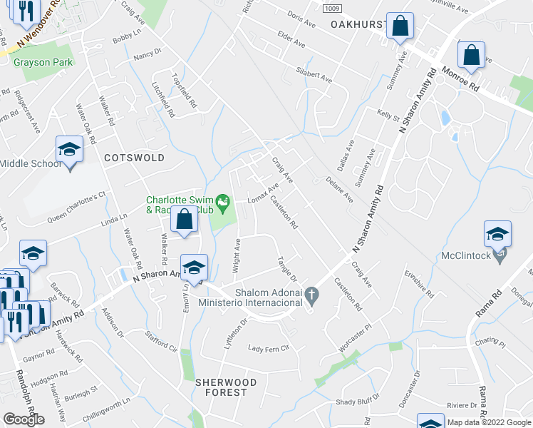 map of restaurants, bars, coffee shops, grocery stores, and more near 4232 Castleton Road in Charlotte
