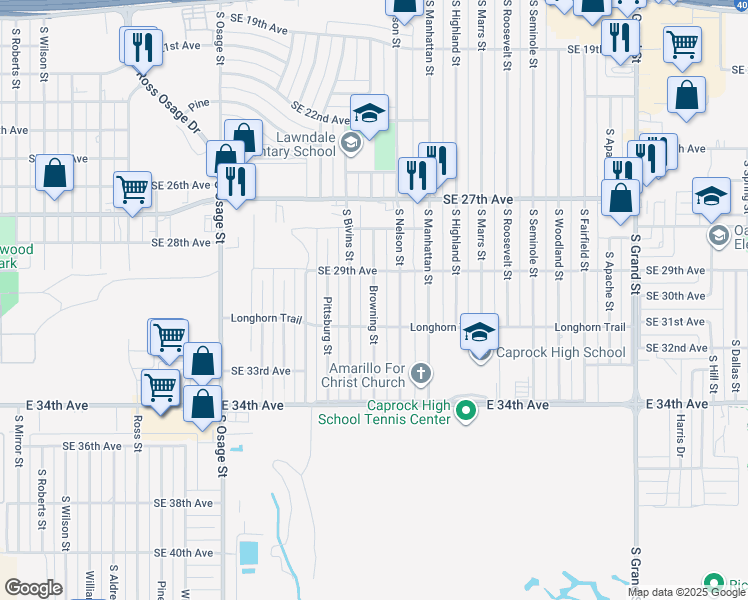 map of restaurants, bars, coffee shops, grocery stores, and more near 2913 Browning Street in Amarillo