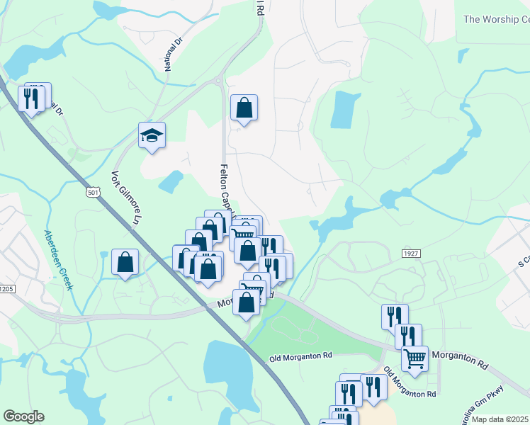 map of restaurants, bars, coffee shops, grocery stores, and more near 255 Kings Ridge Court in Southern Pines