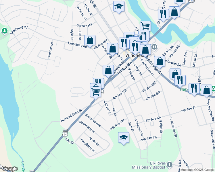 map of restaurants, bars, coffee shops, grocery stores, and more near 603 David Crockett Highway in Winchester