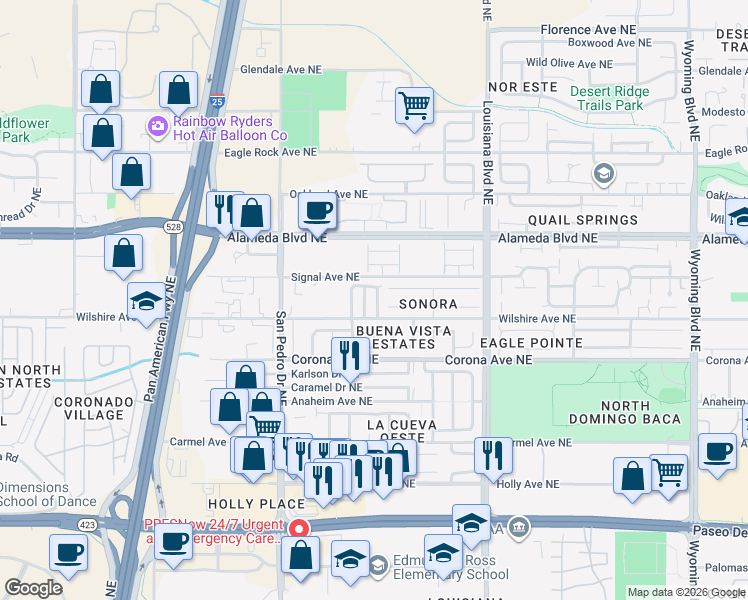 map of restaurants, bars, coffee shops, grocery stores, and more near 8631 Simi Ln NE in Albuquerque