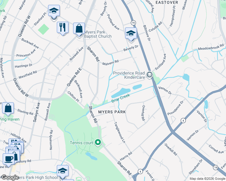 map of restaurants, bars, coffee shops, grocery stores, and more near 1638 Myers Park Dr in Charlotte