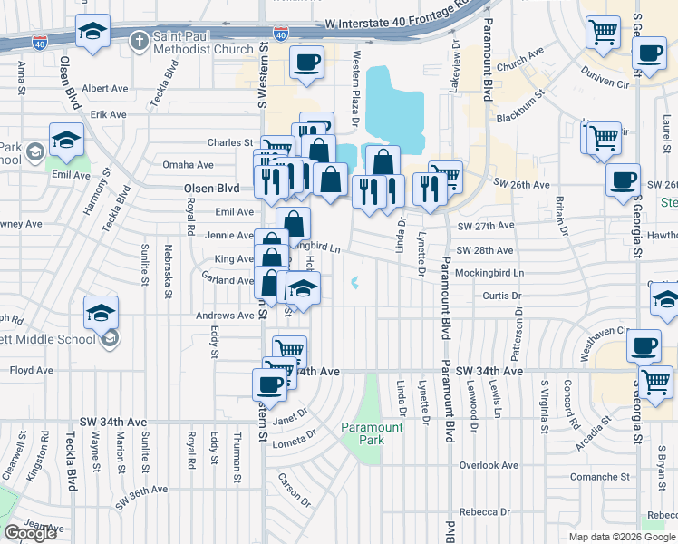 map of restaurants, bars, coffee shops, grocery stores, and more near 3111 Janet Drive in Amarillo