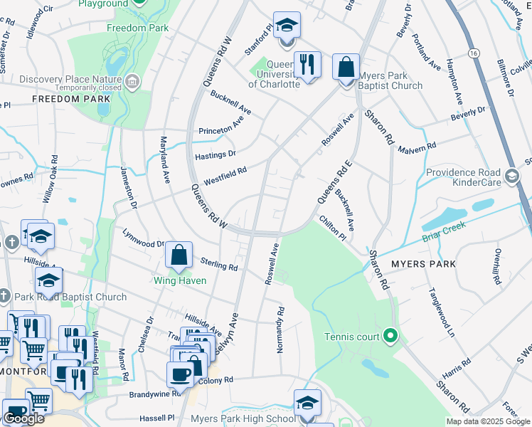 map of restaurants, bars, coffee shops, grocery stores, and more near 2310 Roswell Avenue in Charlotte