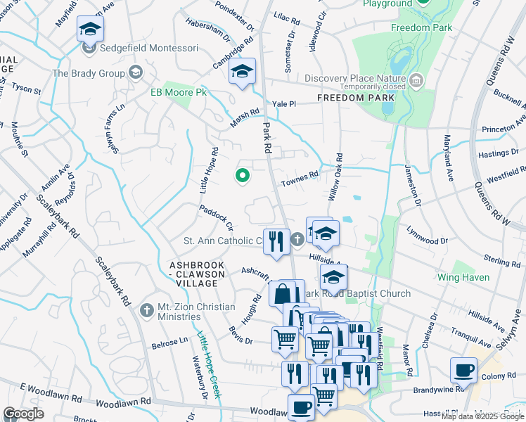 map of restaurants, bars, coffee shops, grocery stores, and more near 3512 Park Road in Charlotte