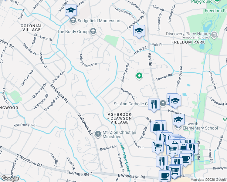 map of restaurants, bars, coffee shops, grocery stores, and more near 1623 Paddock Circle in Charlotte