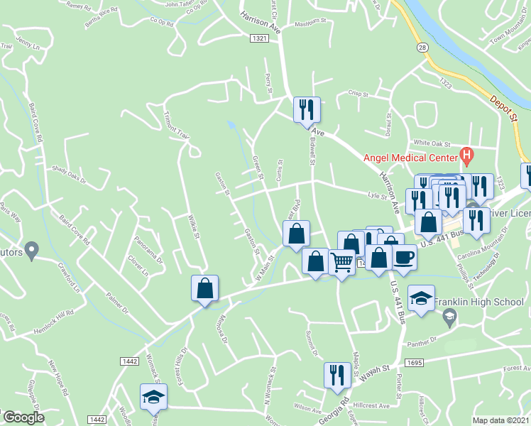 map of restaurants, bars, coffee shops, grocery stores, and more near 164 Lyle Street in Franklin