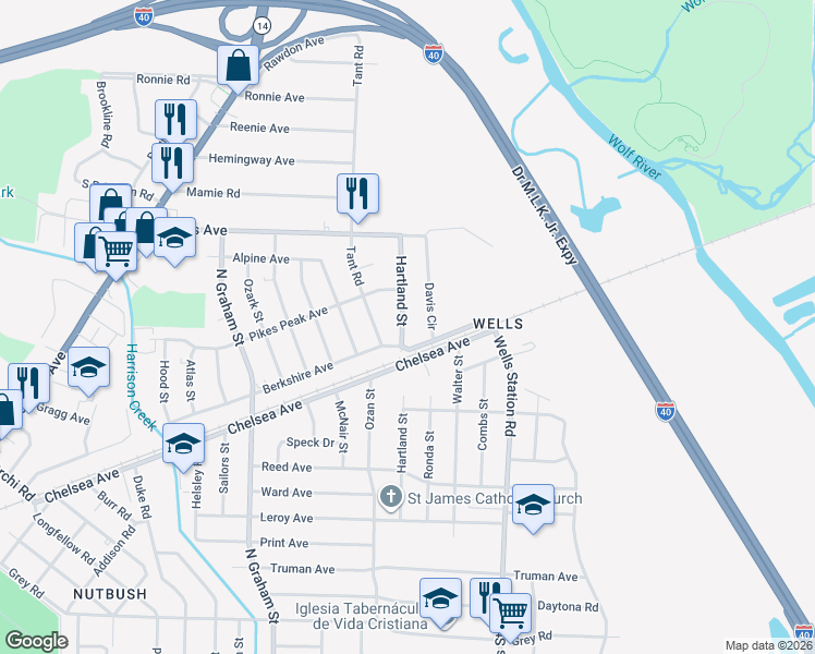 map of restaurants, bars, coffee shops, grocery stores, and more near 1856 Hartland Street in Memphis