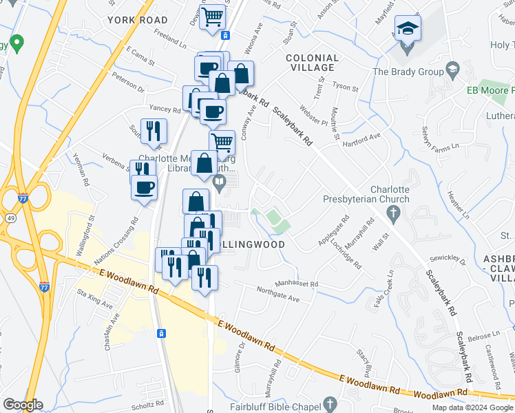 map of restaurants, bars, coffee shops, grocery stores, and more near 4135 Firwood Lane in Charlotte