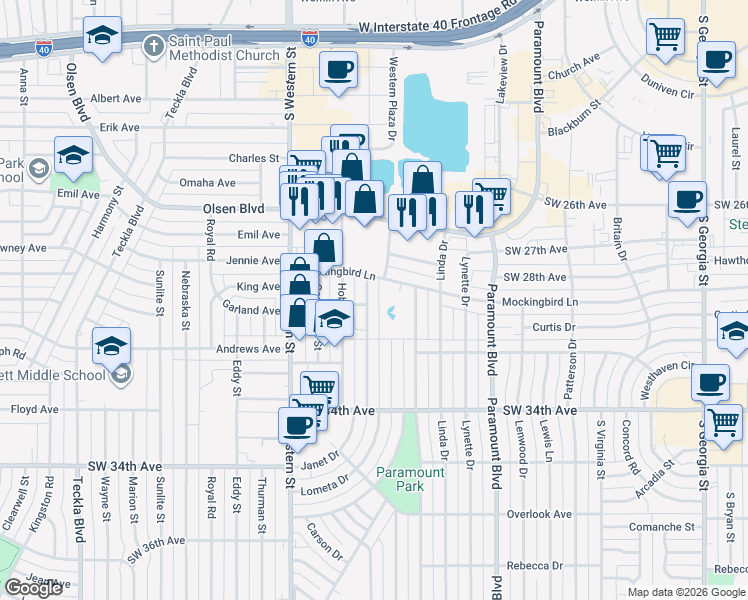 map of restaurants, bars, coffee shops, grocery stores, and more near 3111 Janet Drive in Amarillo