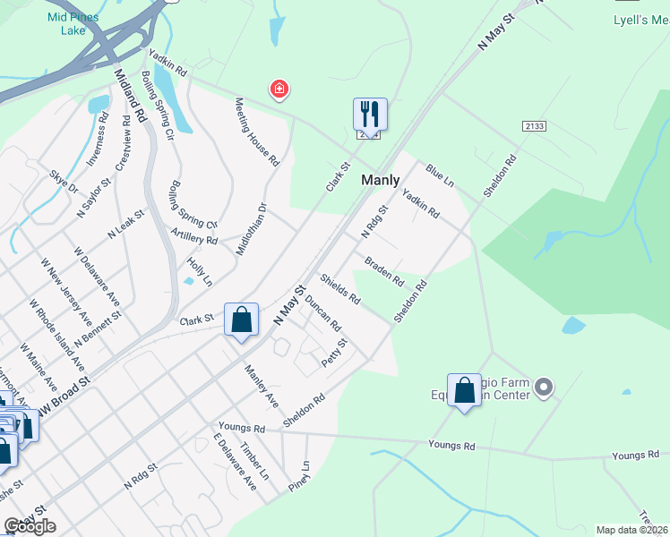 map of restaurants, bars, coffee shops, grocery stores, and more near 1350 North Ridge Street in Southern Pines