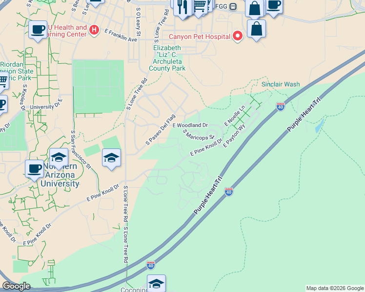 map of restaurants, bars, coffee shops, grocery stores, and more near 1100 East Jen Drive in Flagstaff