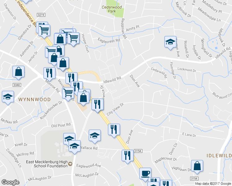 map of restaurants, bars, coffee shops, grocery stores, and more near 5717 Electra Lane in Charlotte