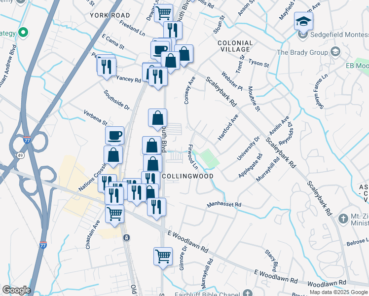 map of restaurants, bars, coffee shops, grocery stores, and more near 4134 Firwood Lane in Charlotte