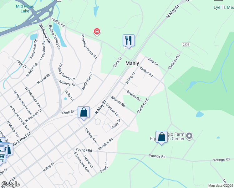 map of restaurants, bars, coffee shops, grocery stores, and more near 1350 North Ridge Street in Southern Pines