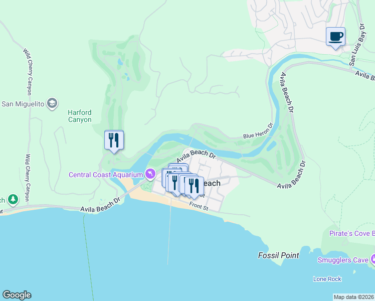 map of restaurants, bars, coffee shops, grocery stores, and more near 2850 Avila Beach Drive in San Luis Obispo