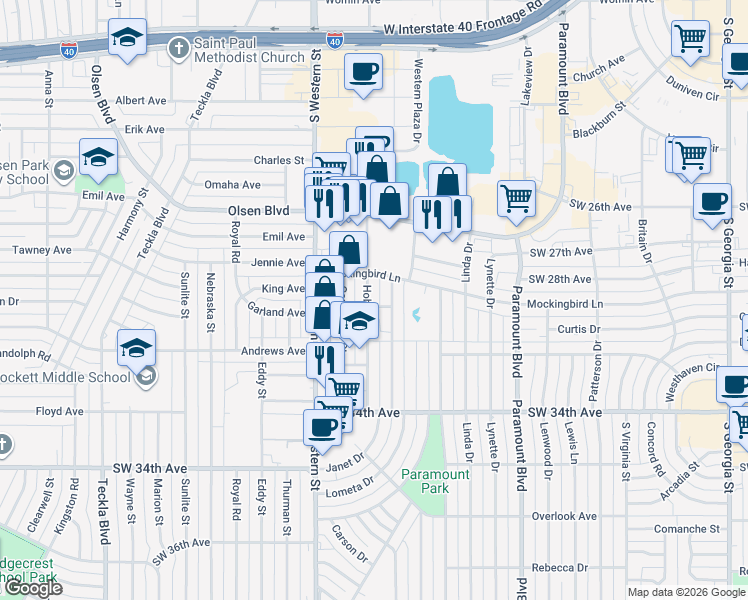map of restaurants, bars, coffee shops, grocery stores, and more near 3115 Hobbs Road in Amarillo