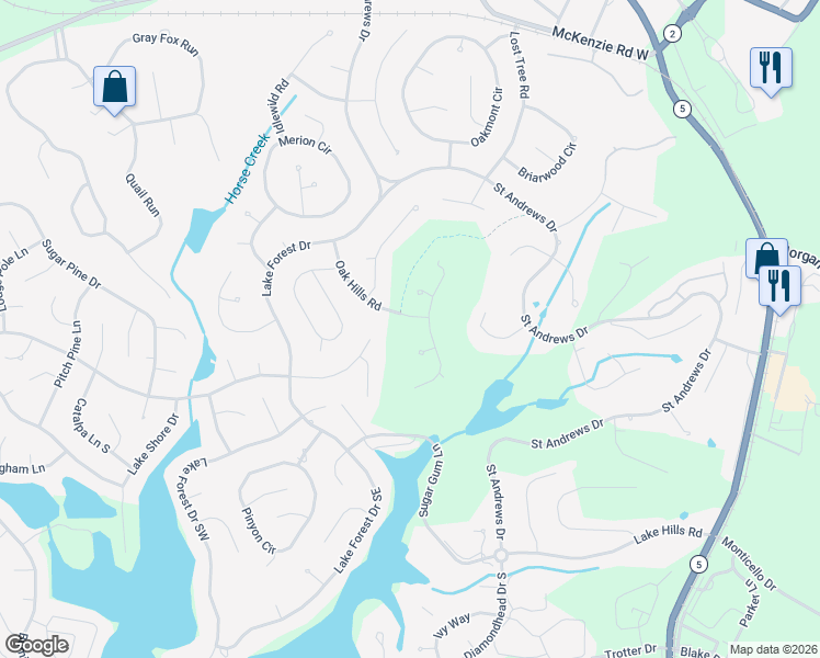 map of restaurants, bars, coffee shops, grocery stores, and more near 105 Oak Hills Road in Pinehurst