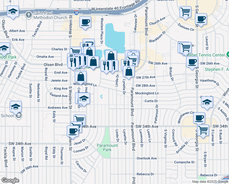 map of restaurants, bars, coffee shops, grocery stores, and more near 3502 Mockingbird Lane in Amarillo