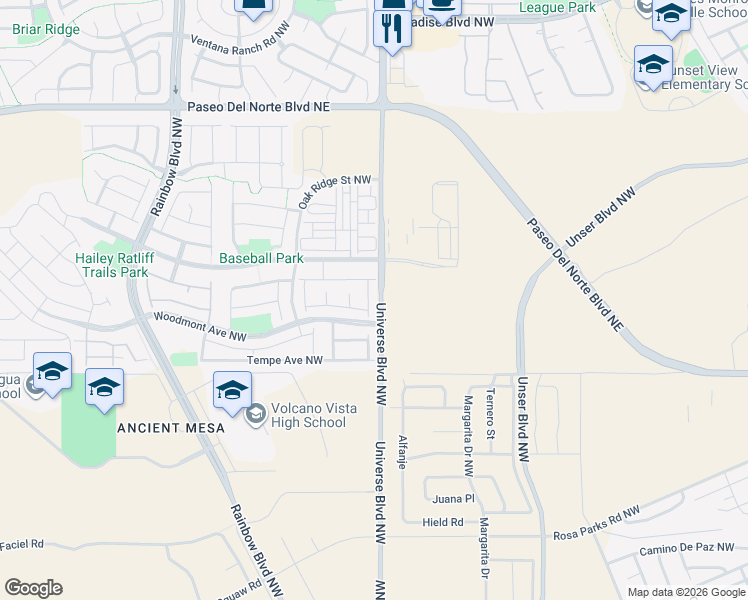 map of restaurants, bars, coffee shops, grocery stores, and more near 8924 Mission Ridge Drive in Albuquerque