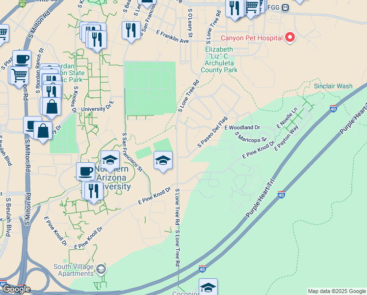 map of restaurants, bars, coffee shops, grocery stores, and more near 1320 South Lone Tree Road in Flagstaff