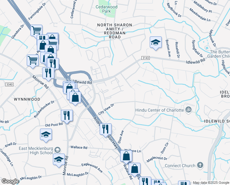 map of restaurants, bars, coffee shops, grocery stores, and more near 6626 Idlewild Rd in Charlotte