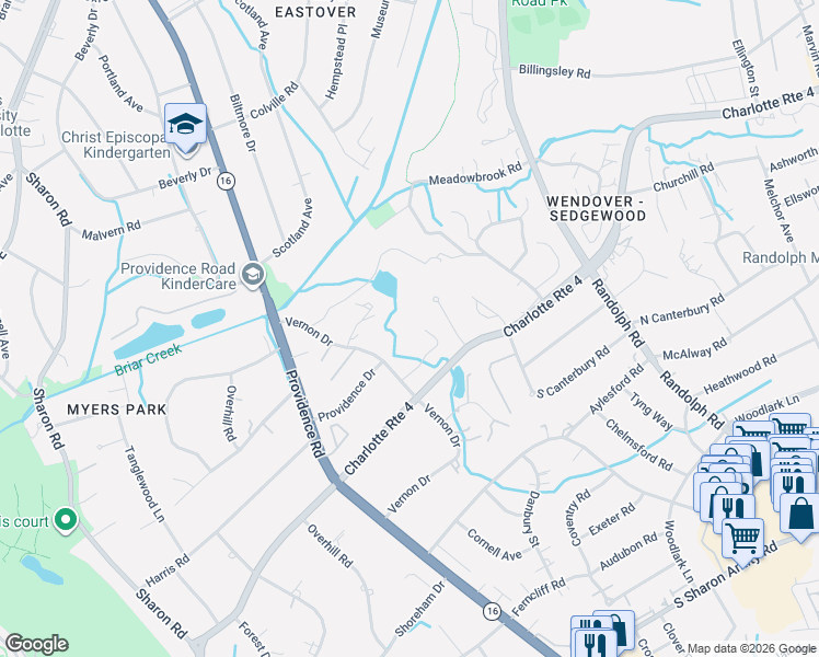 map of restaurants, bars, coffee shops, grocery stores, and more near 1303 Chadsford Place in Charlotte