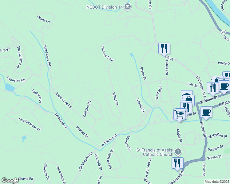 map of restaurants, bars, coffee shops, grocery stores, and more near 325 Wilkie Street in Franklin