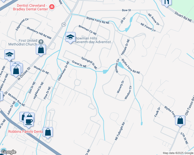 map of restaurants, bars, coffee shops, grocery stores, and more near 590 Springhill Drive Northeast in Cleveland