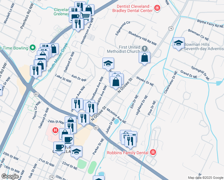 map of restaurants, bars, coffee shops, grocery stores, and more near 96 Mikel St NW in Cleveland