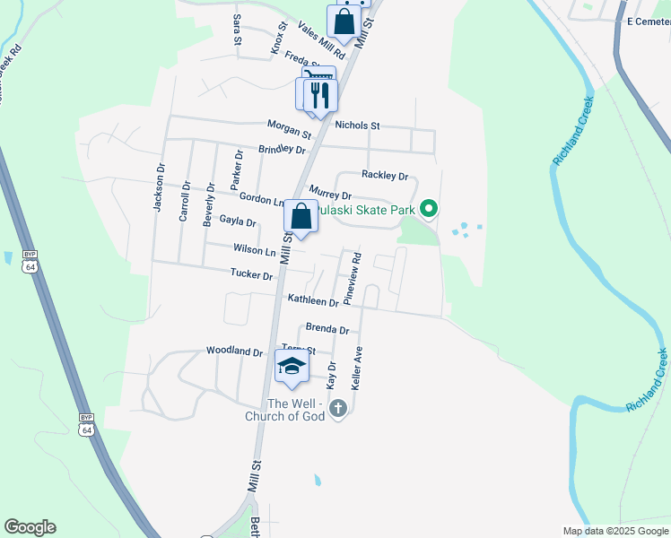 map of restaurants, bars, coffee shops, grocery stores, and more near 1403 Brandywine Avenue in Pulaski