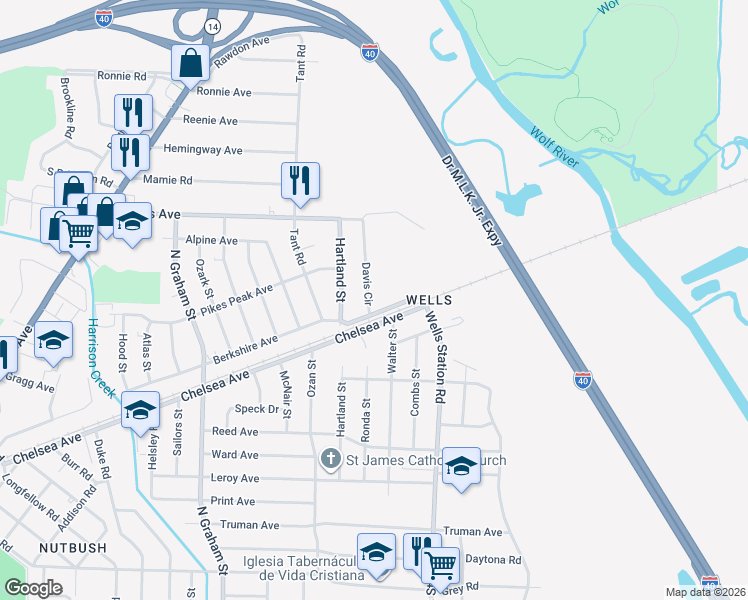 map of restaurants, bars, coffee shops, grocery stores, and more near 1860 Davis Circle in Memphis