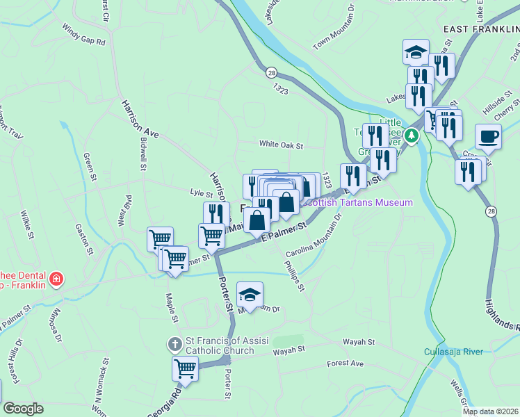 map of restaurants, bars, coffee shops, grocery stores, and more near in Franklin