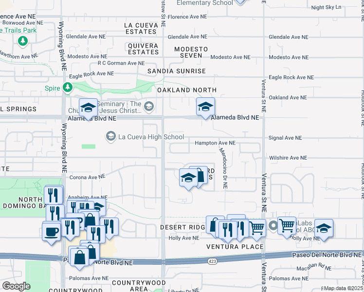 map of restaurants, bars, coffee shops, grocery stores, and more near 8504 Hampton Avenue Northeast in Albuquerque
