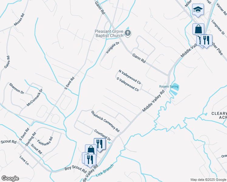 map of restaurants, bars, coffee shops, grocery stores, and more near 1367 Meadowood Drive in Middle Valley