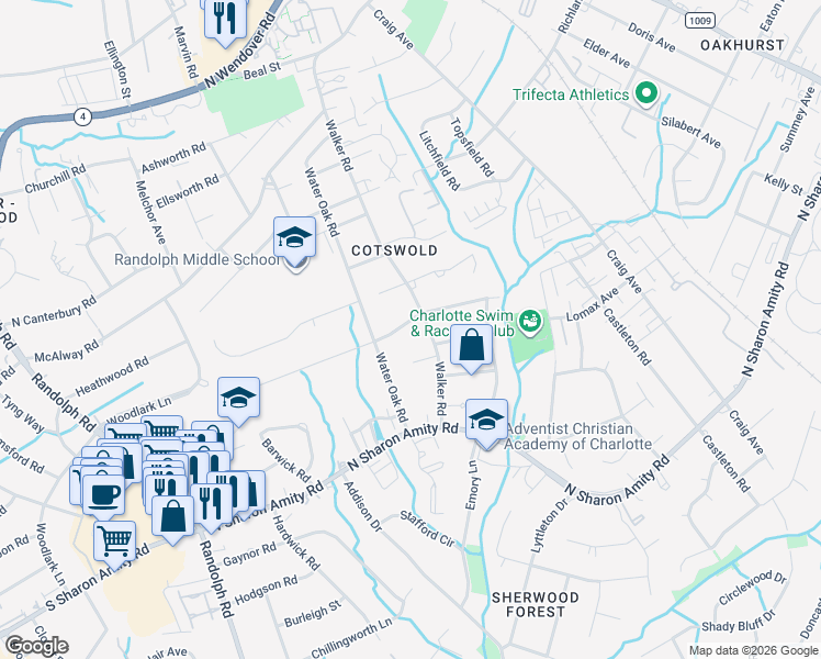 map of restaurants, bars, coffee shops, grocery stores, and more near 1034 Linda Lane in Charlotte