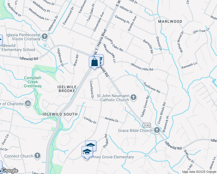 map of restaurants, bars, coffee shops, grocery stores, and more near 8300 Idlewild Road in Charlotte