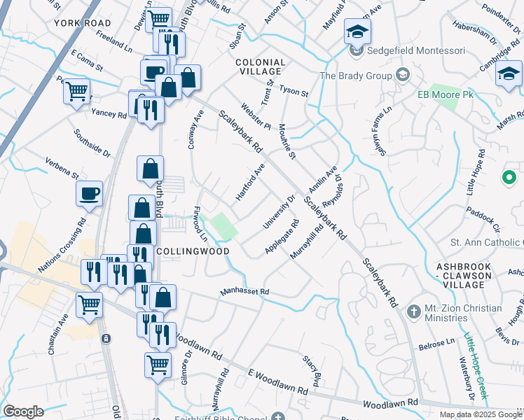 map of restaurants, bars, coffee shops, grocery stores, and more near 4319 Collingwood Drive in Charlotte